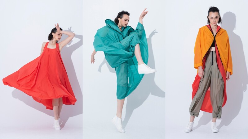 (左起)風動飄拂洋裝(NT$76,800)、連身褲(NT$81,800)、短大衣(NT$46,800)、長大衣(NT$66,300)、褲(NT$34,800)