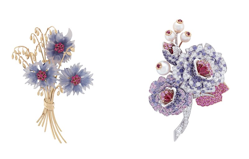 左:Pensées 胸針。右:1938年作品,Blueberries bouquet 胸針。