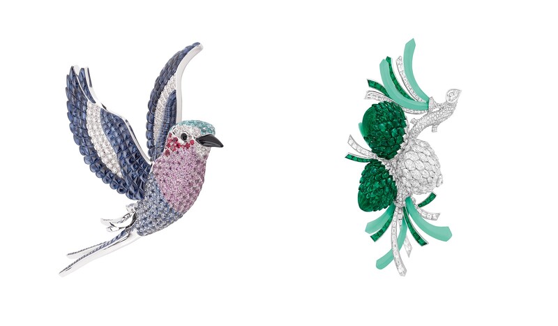 左:Lilac Breasted Roller 胸針。右:Pomme de pin 胸針。