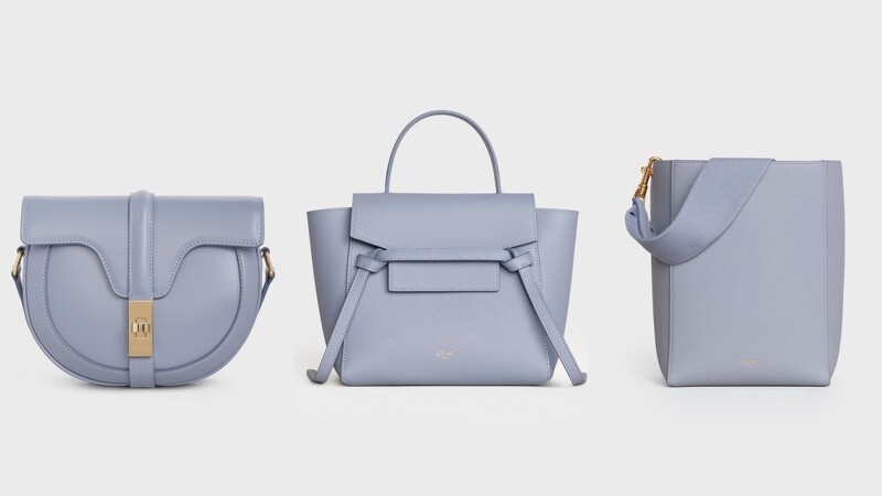 BESACE 16小牛皮肩背包(NT$75,000)、BELT小牛皮肩背提包(NT$69,000)、SANGLE BUCKET北極藍小牛皮肩背包(NT$61,000)