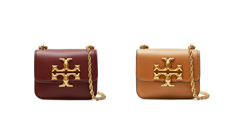 Tory Burch Eleanor系列酒紅色皮革迷你鍊帶肩背包、焦糖色迷你鍊帶肩背包,各NT16,900。