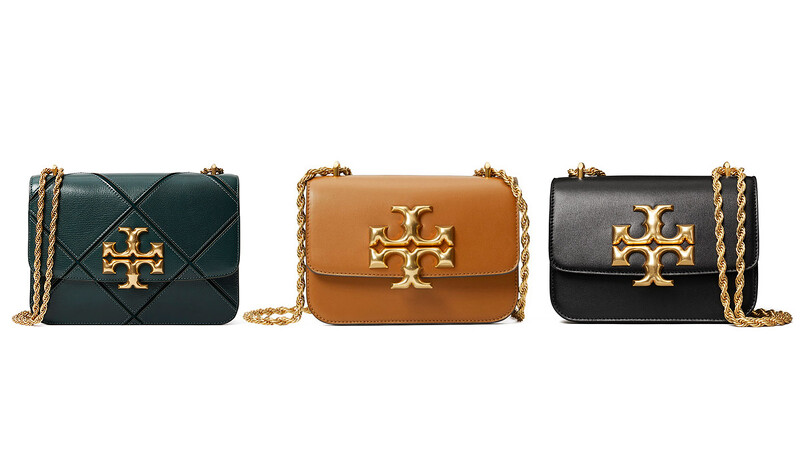 Tory Burch Eleanor系列潛艇綠縫線皮革鍊帶肩背包(大),NT33,900、焦糖色色皮革鍊帶肩背包(小)、黑色皮革鍊帶肩背包(小),各NT25,900。