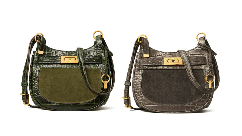 Tory Burch 海藻綠拼接材質Lee Radziwill馬鞍包、深灰色拼接材質Lee Radziwill 馬鞍包,各NT27,900。