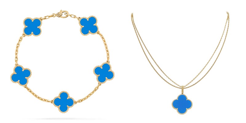 左圖:Van Cleef & Arpels梵克雅寶Vintage Alhambra 5枚藍瑪瑙墜飾黃K金手鍊,約NT131,000;右圖:Magic Alhambra藍瑪瑙墜飾黄K金長項鍊,約NT192,000。
