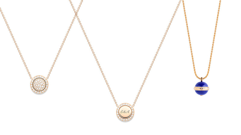 PIAGET Possession系列:18K玫瑰金鑽石墜鍊(可翻轉背面刻字)、18K玫瑰金青金石鑽石墜鍊。