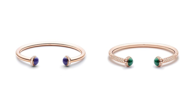 PIAGET Possession系列:18K玫瑰金青金石鑽石手鐲、18K玫瑰金孔雀石鑽石手鐲。