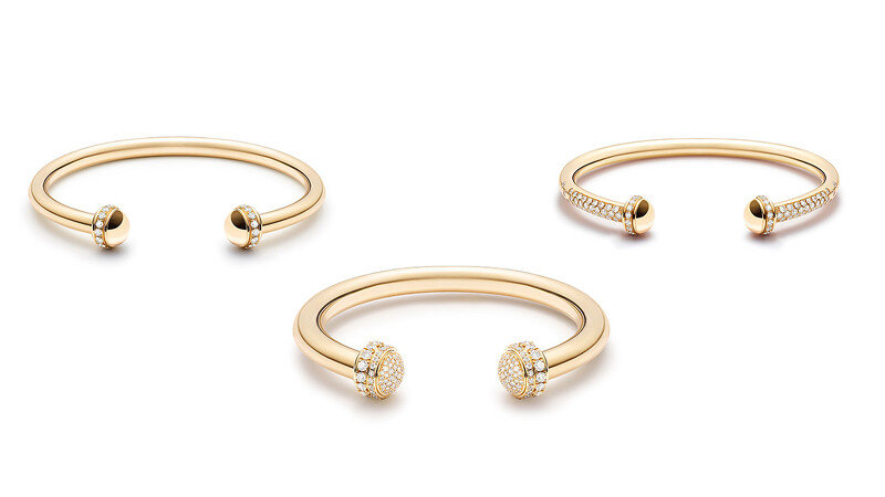 PIAGET Possession系列30週年限定作品:18K黃金鑽石手鐲(30顆圓形明亮式切割美鑽)、18K黃金鑽石手鐲(182顆圓形明亮式切割美鑽)、18K黃金鑽石手鐲(90顆圓形明亮式切割美鑽)。