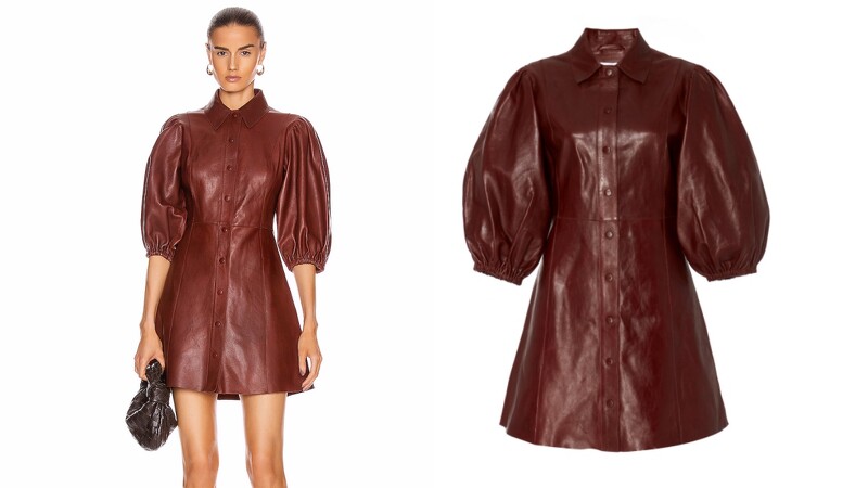 Ganni leather balloon sleeve dress