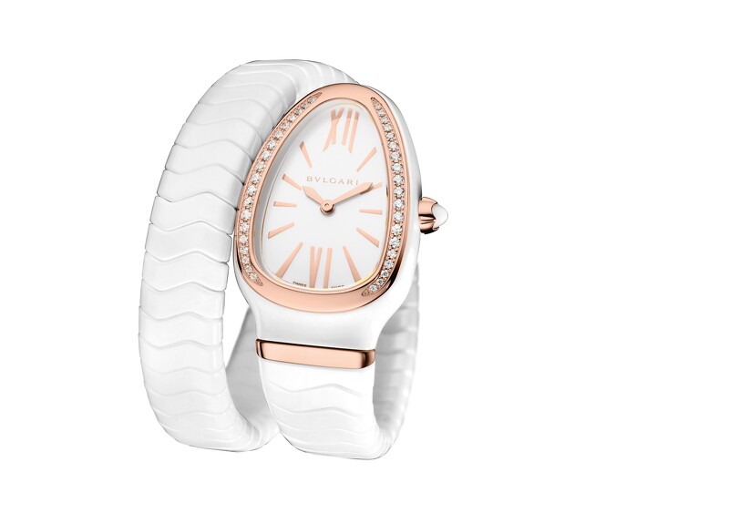 Bulgari 寶格麗Serpenti Spiga系列白陶瓷雙圈手錶,售價NT334,100