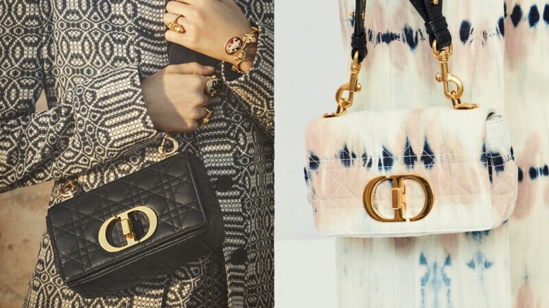 Dior Caro鏈帶翻蓋包,大型NT140,000、小型NT115,000(左) / 紮染丹寧,NT115,000(右)