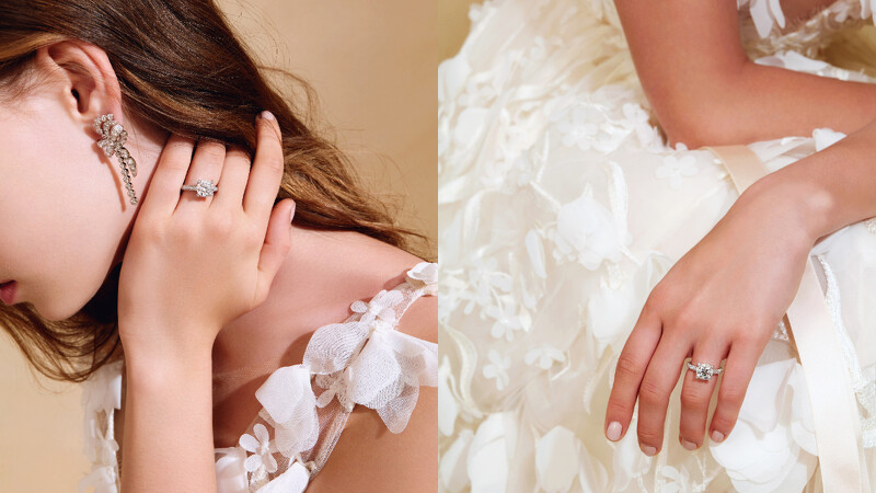左:Lorelei Bow白K金鑽石耳環、DLight鉑金鑽石戒指 訂製款 主鑽約3ct。右:DLight鉑金鑽石戒指 訂製款 主鑽約3ct。
