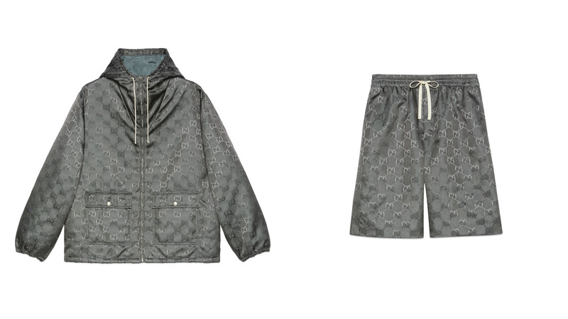 (左)Gucci Off The Grid岩石灰拉鍊外套,售價NT$70,500/(右)Gucci Off The Grid岩石灰短褲,售價NT$28,500