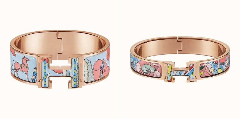 (左)HermèsClic All Over系列 圖紋珐瑯手環(寬),售價NT$26,900 (右)Clic All Over系列 圖紋珐瑯手環(窄),售價NT$24,500