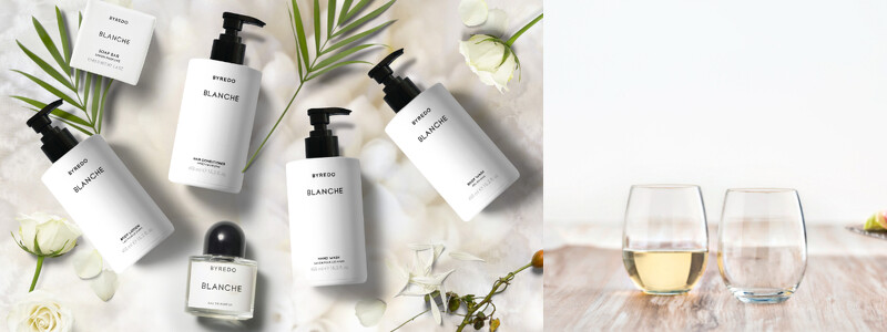 圖左:高雄洲際酒店沐浴備品選用瑞典香氛品牌BYREDO,照片提供:Hunter Amenities 圖右:西班牙 VICRILA 鋼化玻璃杯,照片提供:嘉偉利Jv Design & Hospitality