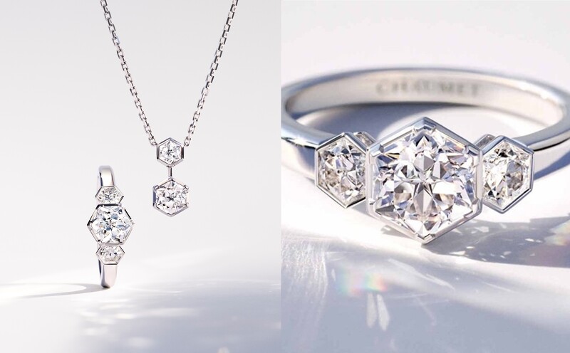 Bee My Love 18K白金戒指,鑲嵌1顆約重1克拉的Taille Impératricece皇后式切割鑽石和兩顆Taille Impératrice皇后式切割鑽石。Bee My Love 18K白金吊墜,鑲嵌2顆Taille Impératrice皇后式切割鑽石,各重0.7克拉及0.23克拉。