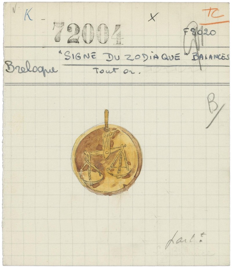 「Sign of the Zodiac」天秤座吊飾產品記錄卡,1955年,Van Cleef & Arpels梵克雅寶典藏資料