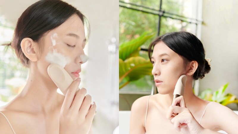 NUEVA Torche超温感三效音波洗脸仪使用示意。