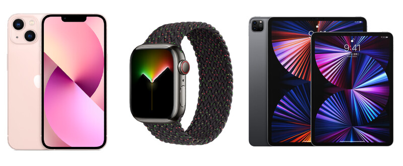 左至右:iPhone 13、Apple Watch Series 7、iPad Pro
