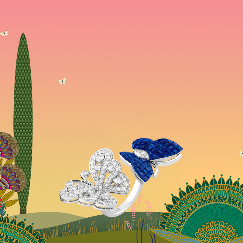 Flying butterfly Between the Finger指間戒,白K金,傳統隱密式鑲嵌拱面式切割藍寶石與鑽石。