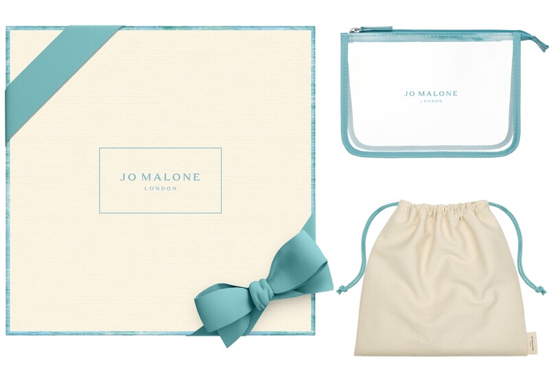 Jo Malone London 2022年英倫遨游系列限量包裝與緞帶、透明旅行袋、質感束口布袋。
