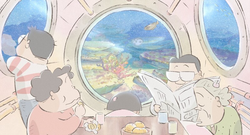 《隔壁的山田君》運用鉛筆原稿的粗曠線條,再塗上水彩畫的彩色