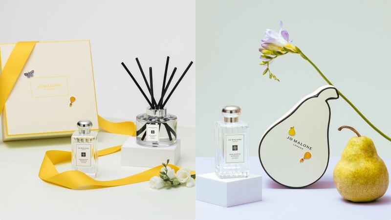 Jo Malone London英國梨與小蒼蘭2022年度限定系列包裝,以及限量威廉梨子盒包裝和限量別緻胸章。