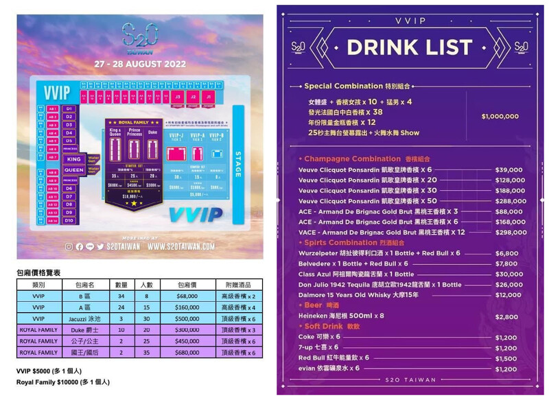 2022「S2O Taiwan潑水音樂祭」包廂價格與酒水費用