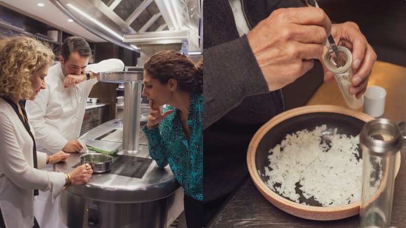 (左) Jo Malone London全球香氛研發總監Celine Roux、米其林名廚 Jean-François Piège與調香師Mathilde Bijaoui、(右)名廚系列紫羅蘭與佛手柑香氛工藝蠟燭 以米飯為靈感傳遞溫暖氣息。