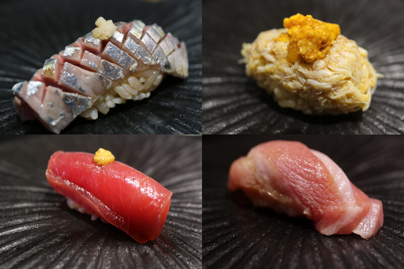 (順時針方向)秋刀魚握壽司、蟹肉握壽司、大腹壽司、刺身壽司。