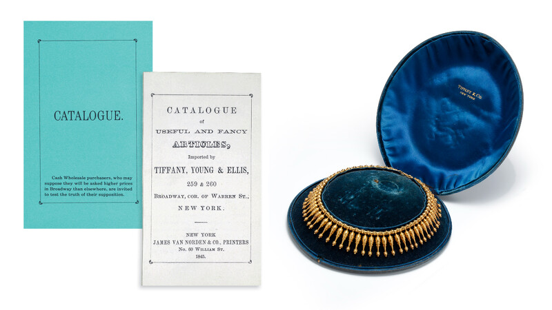 左/1845年,第一本Blue Book精選目錄 右/Tiffany古典珍藏庫-第一本Blue Book之高級珠寶作品(1850-1870)