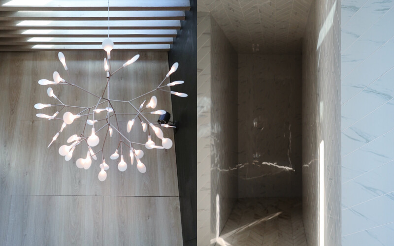 左為 moooi 一盞顯眼經典的 Heracleum III 花火枝葉吊燈,右為入口處。