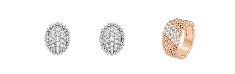 Perlée diamonds白K金密鑲鑽石耳環、Perlée couleurs 玫瑰金5排鑲鑽戒指。