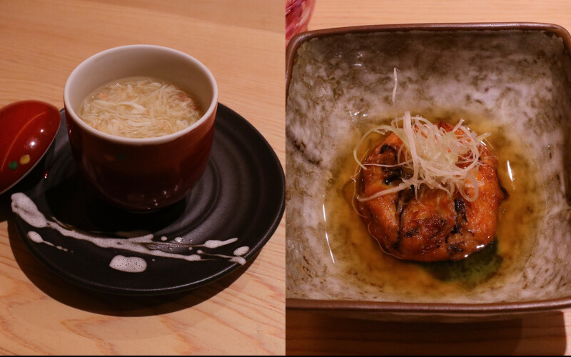 左為蟹肉茶碗蒸,右為飛龍頭。