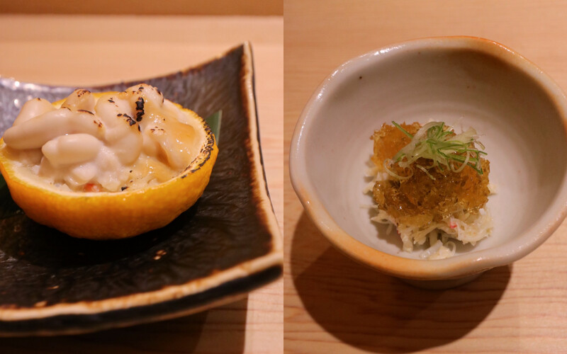 左為使用松葉蟹肉製作的鱈白子柚子釜燒,右為蟹肉佐醋凍。