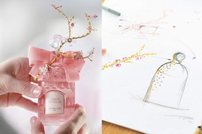 嬌蘭花冠粉櫻淡香水金絲飾繡蜂印瓶工藝情境圖。