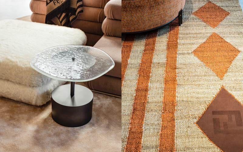 左為Sumo Coffee Table,右為運用羊毛、黃麻和皮革重新演繹 FENDI 典藏資料裡的 Eskimo 圖案的地毯。