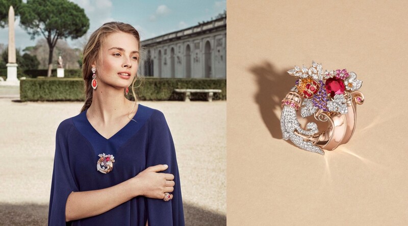 左:© Van Cleef & Arpels SA_Photographe_Marc-de-groot_ArtDirector-Gaspard_Yurkievich-and-Guido_Voss (3);右:Cornucopia胸針© Van Cleef & Arpels - Inès Dieleman。玫瑰金、白K金、一顆重達12.38克拉的枕形切割紅碧璽、紅寶石、粉紅色藍寶石、錳鋁榴石、紫水晶、鑽石。
