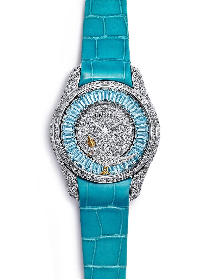 Schlumberger by Tiffany _ Co.石上鳥腕錶 - 36毫米, 錶盤鑲嵌海藍寶石與美鑽搭配藍綠色珍稀鱷魚皮錶帶