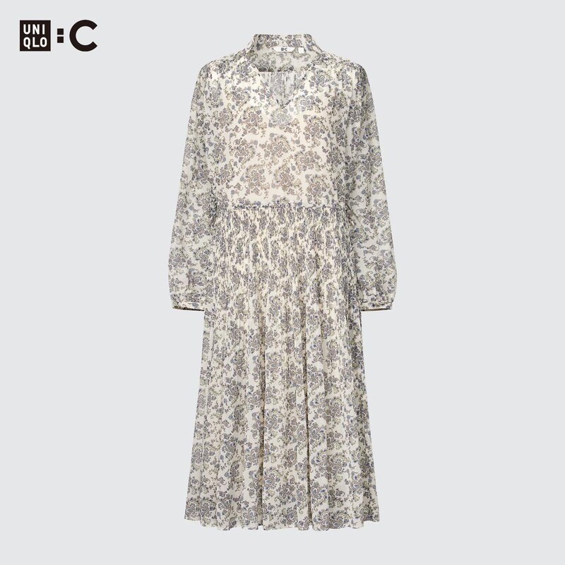 雪紡細褶印花洋裝（長袖） 售價 NT$1,490。