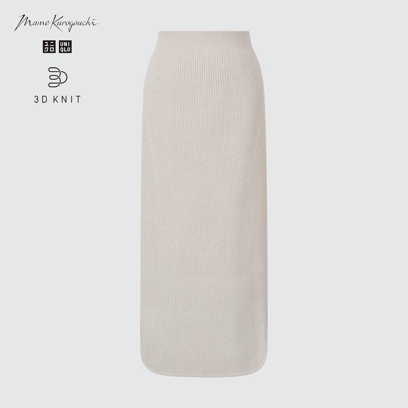UNIQLO and Mame Kurogouchi 3D織法舒膚羅紋側開衩長裙NT$1290。（10月下旬）