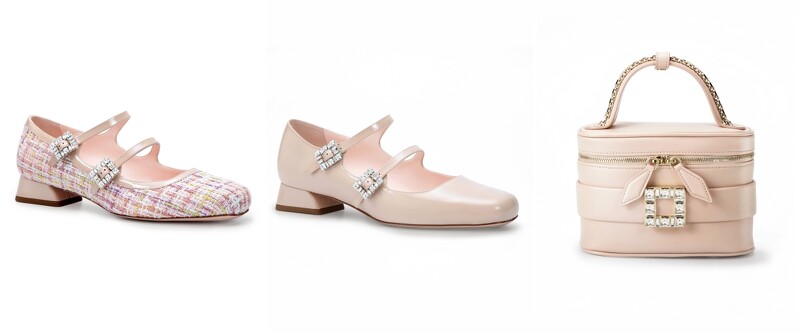 Trés Vivier 櫻花粉毛呢瑪莉珍鞋,NT51,000、Trés Vivier 牛奶糖色瑪莉珍鞋,NT51,000、Vanity 牛奶糖色鑽扣化妝包,NT59,900