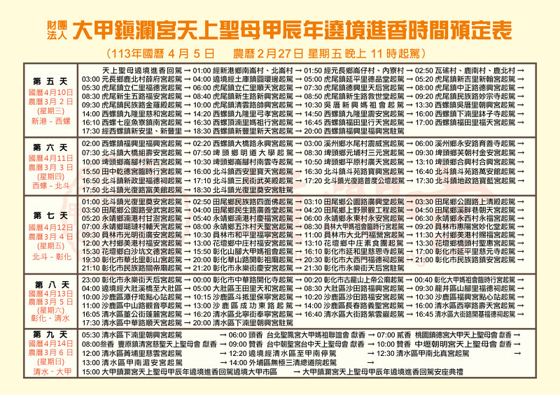 2024大甲鎮瀾宮媽祖遶境路線第5天~第9天