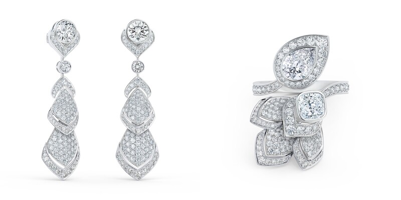 Metamorphosis by De Beers 高級珠寶系列全新Spring 18K白金鑽石垂墜式耳環。(左圖)、Metamorphosis by De Beers 高級珠寶系列全新Spring 18K白金鑽石Toi et Moi戒指。(右圖)