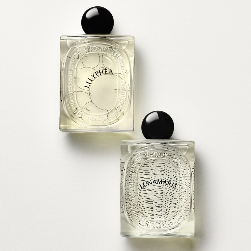 Diptyque Lilyphéa睡蓮粼波淡香精與Lunamaris潮汐月瑩淡香精形象圖。