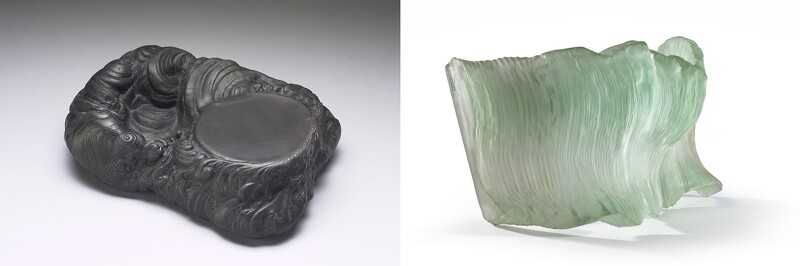 端石海天浴日硯,明,(1368–1644年)國立故宮博物院;《向竇加致敬》(HOMAGE TO DEGAS)雕塑「波浪」(Wave) 系列,法國,(1984年)巴黎裝飾藝術博物館。