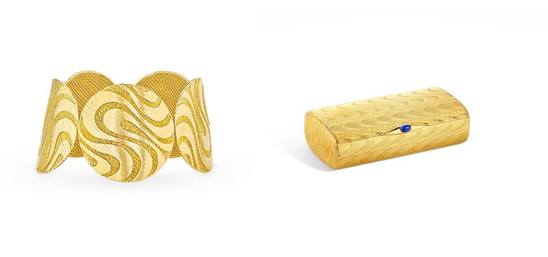 《歐普藝術御門》(OP ART MIKADO)手鐲(1970年)Van Cleef & Arpels Collection;煙盒(1962年)Van Cleef & Arpels Collection。