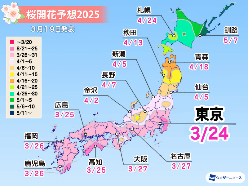 日本氣象新聞公司Weathernews公開2025賞櫻花時間表