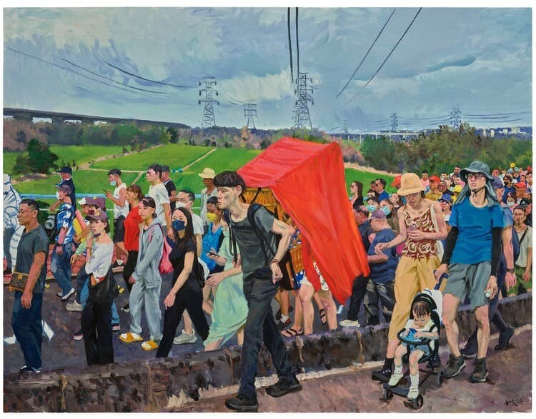 圖為劉小東,過橋,2024,油彩/亞麻布,230 x 300 cm丨圖片由誠品畫廊提供。