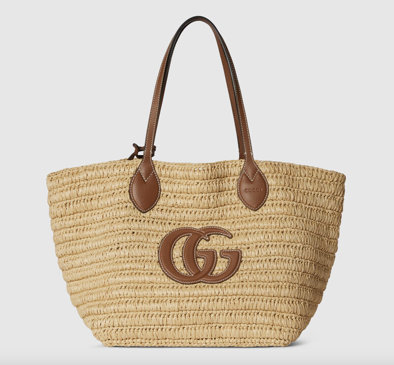 Gucci 拉菲草與皮革拼接中型托特包