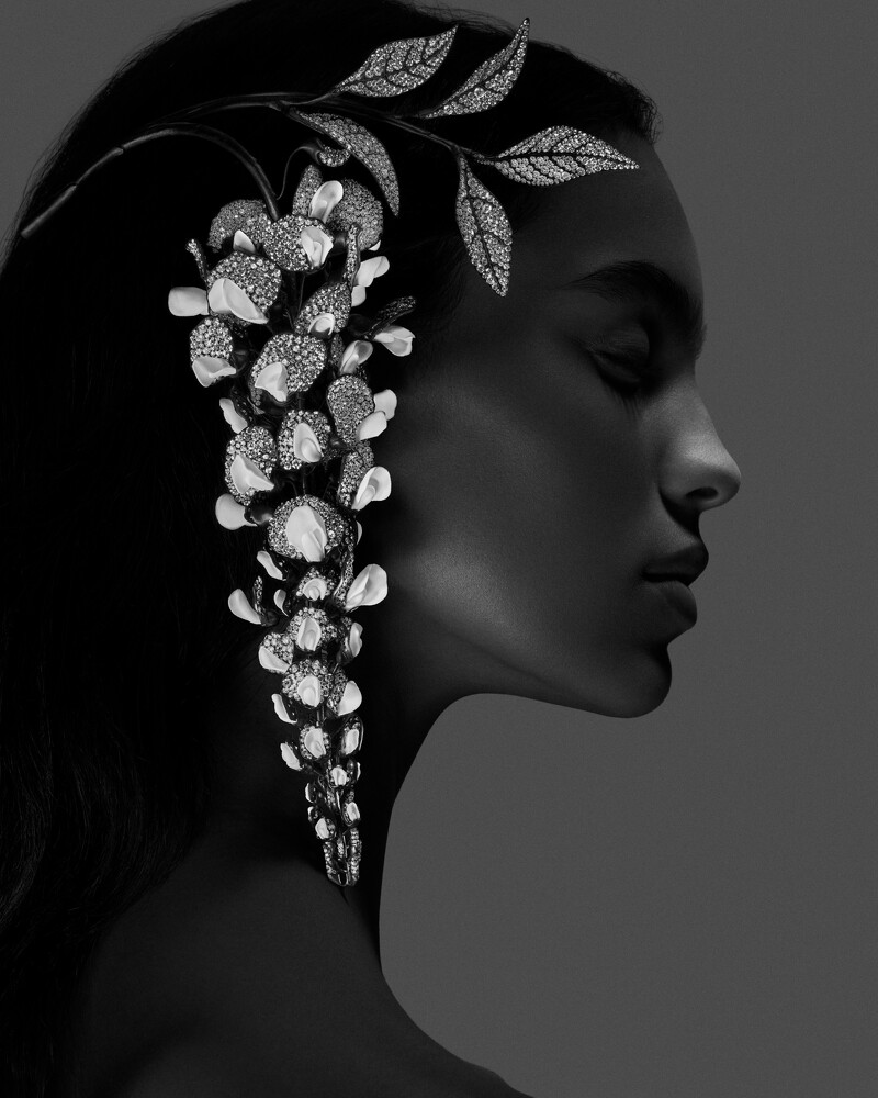 鸢尾花作为肩针;紫藤花内藏梳针机关,可用以髮饰或别针运用;鹿角锹形虫设计为胸针。